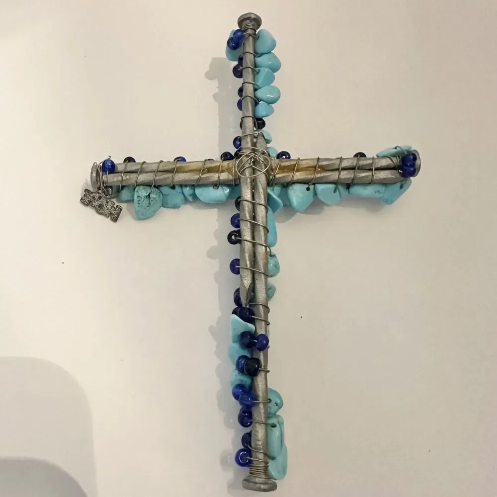 Turquoise Beads Cross Wall Hanging Silver Nails Wire Measures 5